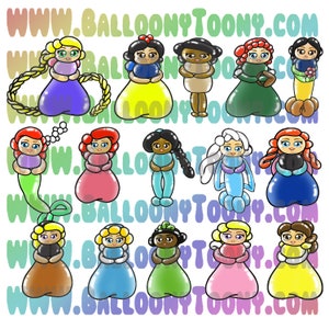 May include: A digital illustration of 16 balloon princesses in various colors and poses. The princesses are all wearing dresses and have long hair. The background is a light purple with the text "www.balloontoony.com" repeated.