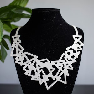 Black or White Abstract Minimalist Triangles Statement Necklace or Necklace Earrings Set : Soft Silicone Rubber, Vegan and Hypo-Allergenic White