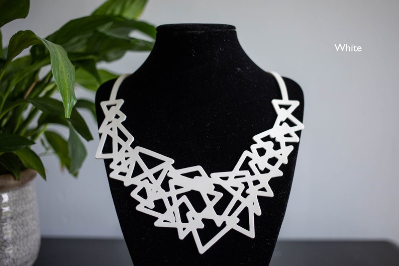 Black or White Abstract Minimalist Triangles Statement Necklace or Necklace Earrings Set : Soft Silicone Rubber, Vegan and Hypo-Allergenic White