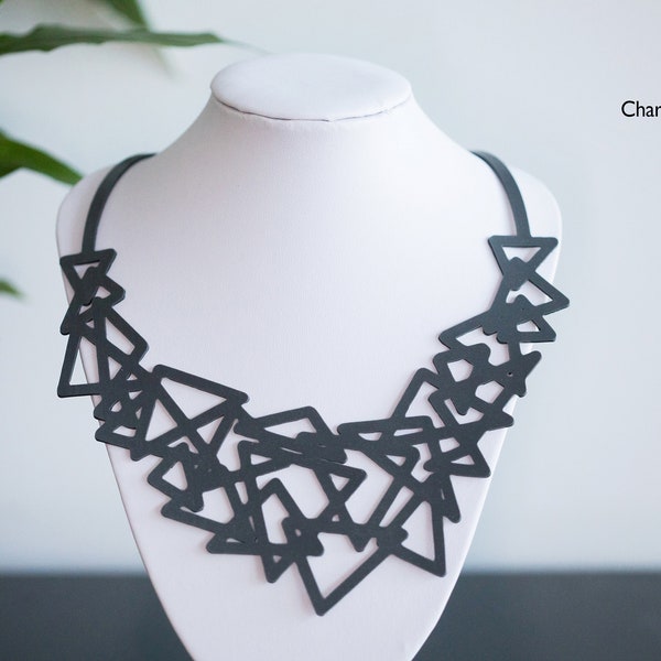 Black or White Abstract Minimalist Triangles Statement Necklace or Necklace+ Earrings Set : Soft Silicone Rubber, Vegan and Hypo-Allergenic