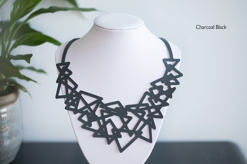 Black or White Abstract Minimalist Triangles Statement Necklace or Necklace Earrings Set : Soft Silicone Rubber, Vegan and Hypo-Allergenic Charcoal Black