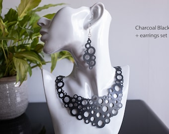 Unusual Black Or White Soft Silicone Bubbles / Circles Statement Necklace or Necklace + Earrings Set
