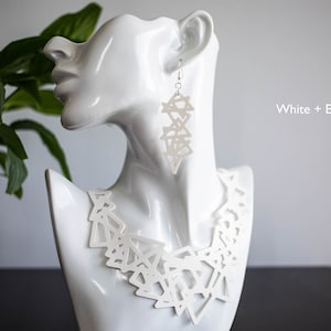 Black or White Abstract Minimalist Triangles Statement Necklace or Necklace Earrings Set : Soft Silicone Rubber, Vegan and Hypo-Allergenic White + earrings