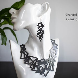 Black or White Abstract Minimalist Triangles Statement Necklace or Necklace Earrings Set : Soft Silicone Rubber, Vegan and Hypo-Allergenic image 6
