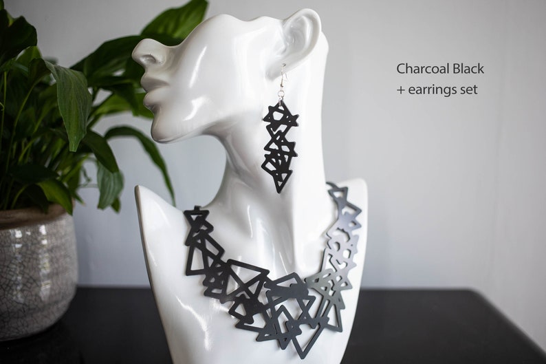 Black or White Abstract Minimalist Triangles Statement Necklace or Necklace Earrings Set : Soft Silicone Rubber, Vegan and Hypo-Allergenic image 6