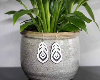 Peacock Feather Style Classy Black And White Soft Silicone Earrings : Vegan and Hypo-Allergenic