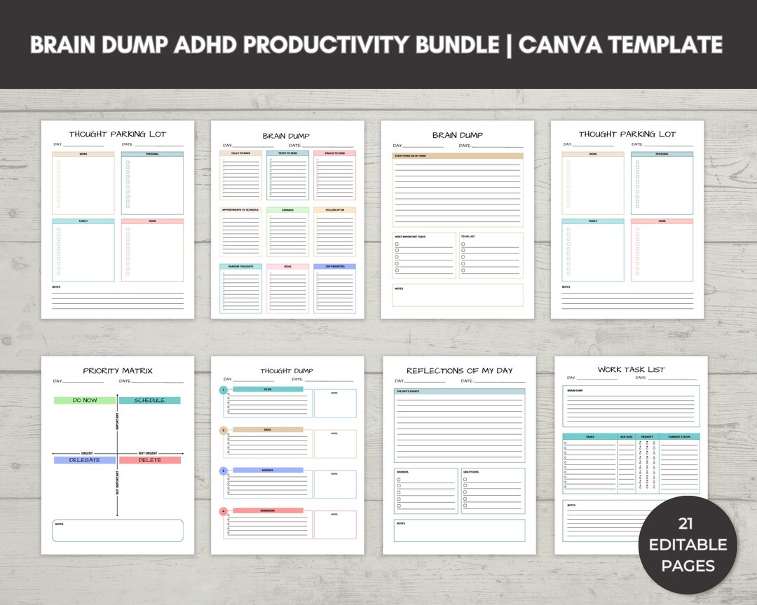 ADHD Brain Dump Canva Template, Priority Matrix, Productivity Planner ...