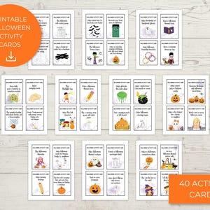 Puede incluir: Un conjunto de 40 tarjetas de actividades imprimibles de Halloween. Las tarjetas presentan varias tareas y juegos temáticos de Halloween, con ilustraciones y texto. Un círculo naranja con el texto "Printable Halloween Activity Cards" está en la esquina superior izquierda.