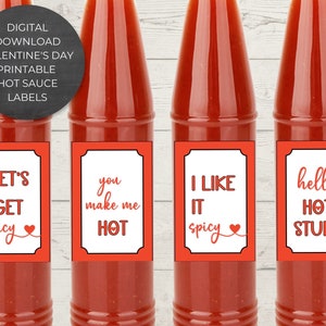 Könnte beinhalten: Vier rote Glasflaschen mit weißen Etiketten. Die Etiketten haben verschiedene Valentinstags-Botschaften, wie "Let's Get Spicy", "You Make Me Hot", "I Like It Spicy" und "Hello Hot Stuff".