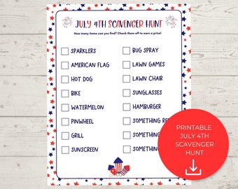 Instant Download, Printable July 4th Scavenger Hunt, Kids Activity, Independence Day, Family Fun, 4th of July Picnic, Cookout, Party Game