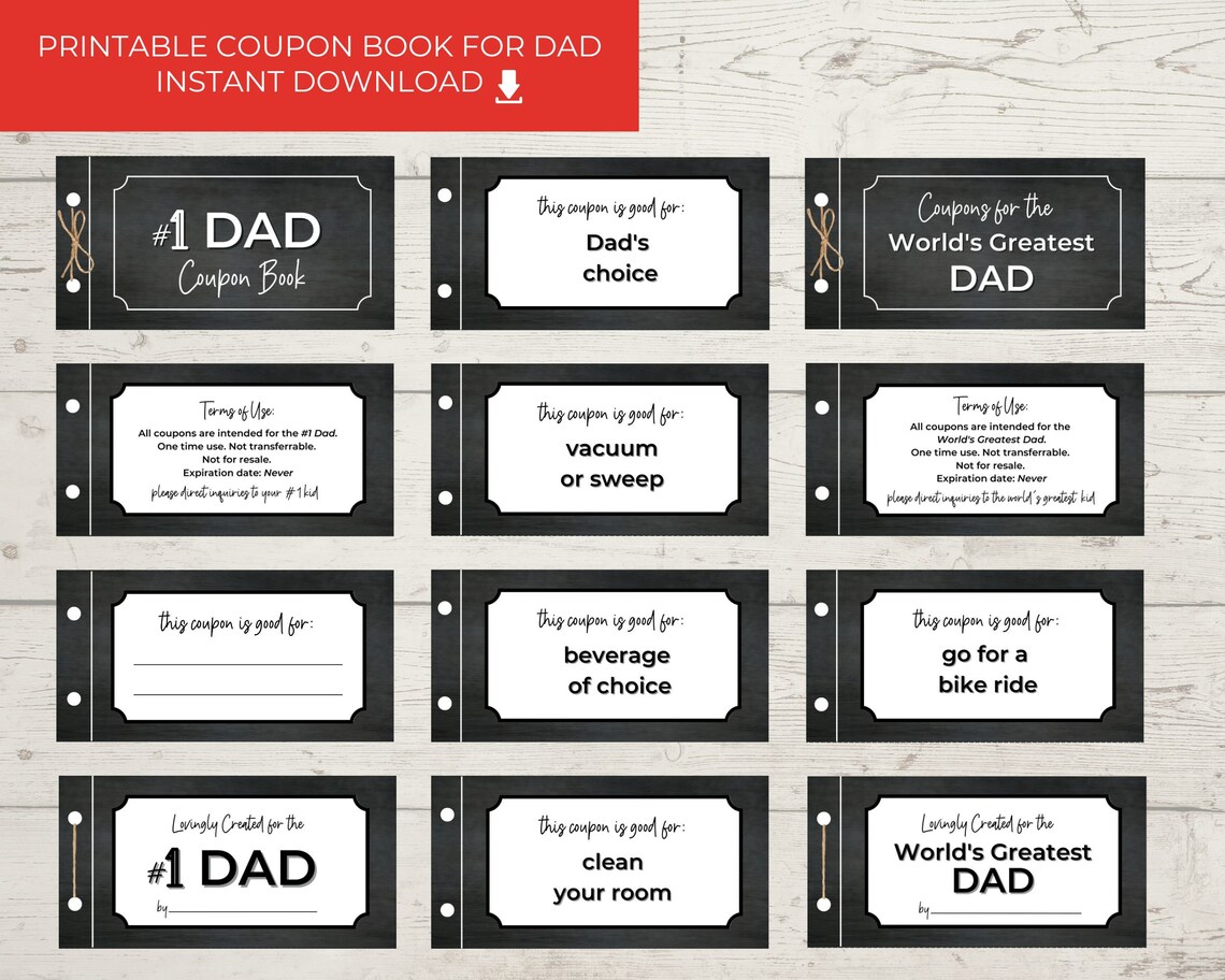 Instant Download Digital Printable Coupon Book for Dad Father #39 s Day