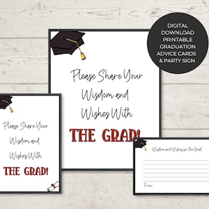 Tarjetas imprimibles de consejos de graduación, actividades para fiestas y recuerdos de deseos, descarga instantánea en formato PDF y JPG tamaño carta.