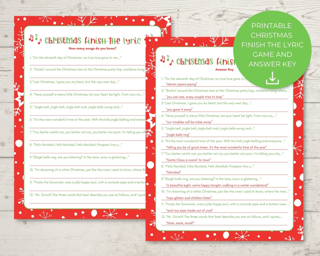Instant Download, Printable Christmas Finish the Lyric Game, Xmas