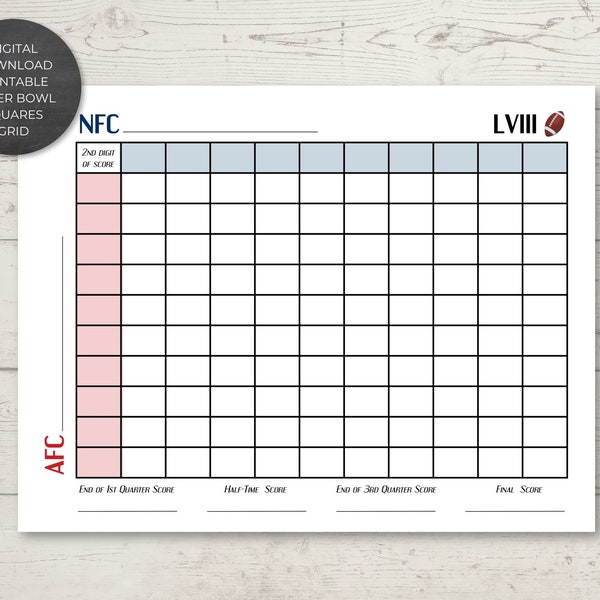 Instant Download, Printable Super Bowl Squares Grid, Super Bowl Party, Football Squares, Fundraiser, letter size PDF and JPG