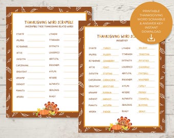 May include: A printable Thanksgiving word scramble game with an answer key. The game features a brown background with white leaves and a Thanksgiving-themed illustration of a turkey.