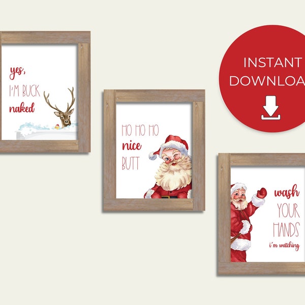 Instant Download Set of Humorous Christmas Santa Reindeer Bathroom Signs for Easy and Funny DIY Decor