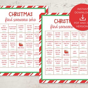 Könnte beinhalten: Zwei druckbare Weihnachts-Partyspiele mit dem Titel "Christmas Find Someone Who". Die Spiele haben einen rot-weiß gestreiften Rand mit einem grünen Innenrand. Der Text ist in Rot und Schwarz gehalten. In der oberen rechten Ecke befindet sich ein roter Kreis mit den Worten "Sofort-Download" und einem Download-Symbol.