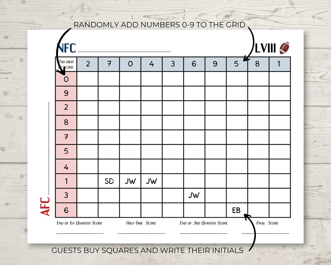Instant Download, Printable Super Bowl Squares Grid, Super Bowl Party ...
