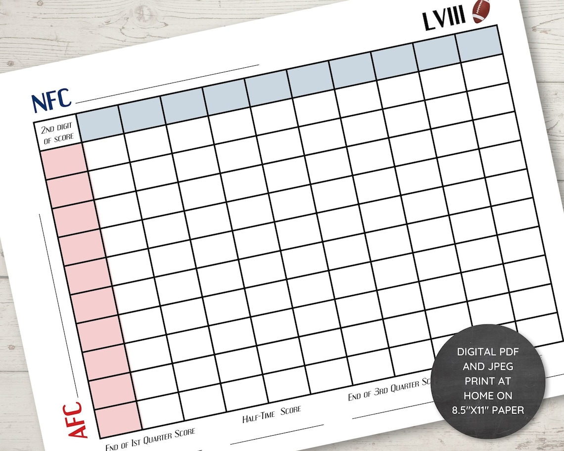 Instant Download, Printable Super Bowl Squares Grid, Super Bowl Party ...