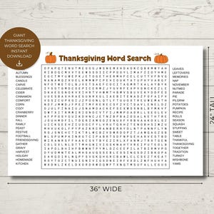 May include: A Thanksgiving Word Search puzzle, 36 inches wide and 24 inches tall, with a brown circular graphic that says "Giant Thanksgiving Word Search Instant Download". The puzzle features a list of words related to Thanksgiving.