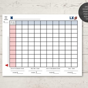 May include: A printable football squares grid with a white background and a grid of squares. The grid has blue and red sections, with text including "DIGITAL DOWNLOAD PRINTABLE FOOTBALL SQUARES GRID". The grid is designed for tracking scores.