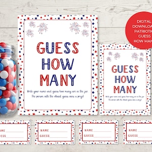 Könnte beinhalten: Ein Glas mit roten, weißen und blauen Bonbons neben zwei großen und vier kleinen rechteckigen Karten mit roten und blauen Sternen, Feuerwerk und dem Text "GUESS HOW MANY. Write your name and guess how many are in the jar."