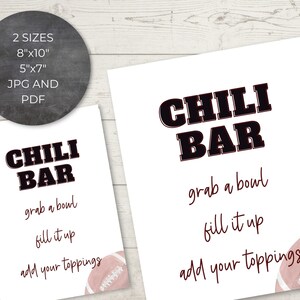 Printable Football Chili Bar and Toppings Sign, 8x10, 5x7 Sizes ...