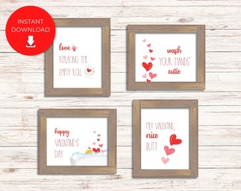 Instant Download Set of Humorous Valentine's Day Bathroom Signs for Easy Funny DIY Decor, Multiple Sizes for Your Restroom/Washroom.