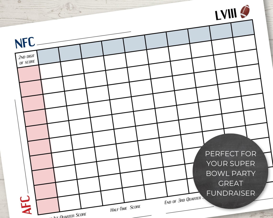 Instant Download, Printable Super Bowl Squares Grid, Super Bowl Party ...
