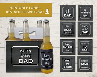 May include: A six-pack of beer with chalkboard style labels. The labels have different messages for Father's Day, including "World's Greatest Dad", "Happy Father's Day!" and "Best Dad Ever!"