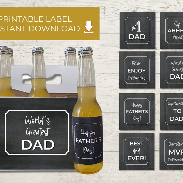 Father's Day Printable Beer, Soda, Drink Bottle Labels, Instant Download, Gift for Dad, Chalkboard Labels, 6-Pack Label