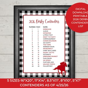 May include: Framed print with a black and white checkered border, featuring a list of 2026 Derby Contenders. The list includes horse names and post positions. A red circle states "Digital Download Printable 2026 Derby Contenders List". The bottom text indicates 5 sizes available.