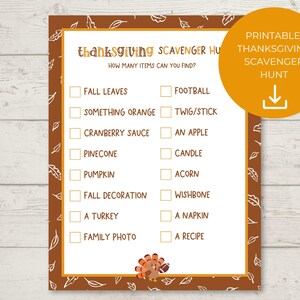 Instant Download, Printable Thanksgiving Scavenger Hunt, Kids Activity, Holiday Party Game, Family Fun, Friendsgiving Dinner, All Ages