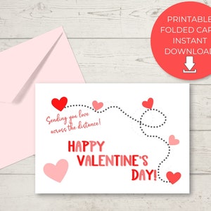 Direct downloaden, afdrukbare liefde over de afstand Valentijnsdagkaart, 5x7 gevouwen kaart, blanco binnenin