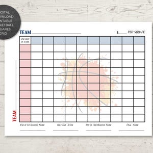 Puede incluir: Cuadrícula de cuadrados de baloncesto imprimible con un gráfico de baloncesto rosa y amarillo. La cuadrícula está dividida en cuadrados con líneas para la puntuación. El texto "TEAM" está en la parte superior de la cuadrícula. El texto "2nd QTR OF SCORE" está en la segunda columna. Los textos "END OF 1ST QUARTER SCORE", "HALF TIME SCORE", "END OF 3RD QUARTER SCORE" y "FINAL SCORE" están en la parte inferior de la cuadrícula. El texto "PER SQUARE" está en la parte superior derecha de la cuadrícula.