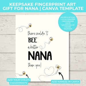 Op de afbeelding: Een crèmekleurige print met de tekst "there couldn't BEE a better NANA than you!" in het zwart. De print bevat bijenillustraties en de tekst "Add your child's fingerprints" en "Add name(s) in Canva". De bovenste banner luidt "KEEPSAKE FINGERPRINT ART GIFT FOR NANA | CANVA TEMPLATE".