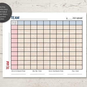Puede incluir: Una cuadrícula imprimible de cuadrados de baloncesto con un gráfico de cancha de baloncesto en el centro. La cuadrícula tiene secciones rosas y azules para los nombres de los equipos y el seguimiento de la puntuación. El texto incluye "Equipo", "Por cuadrado" y "Puntuación al final del cuarto".
