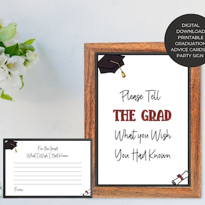 Tarjetas imprimibles de consejos de graduación, actividades para fiestas y recuerdos de deseos, descarga instantánea en formato PDF y JPG tamaño carta.