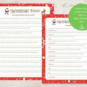May include: Printable Christmas trivia game with a red and green background featuring a Santa Claus illustration. The game includes 12 questions and answers about Christmas traditions and movies.