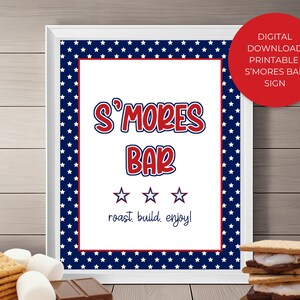 Instant Download, Printable July 4th S'mores Bar Sign, Kids Activity, Independence Day, Family Fun, 4th of July Picnic, Cookout, Party Decor