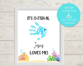 Printable Handprint Fish Art, Jesus Loves Me, Toddler Keepsake Sunday School, Preschool Vacation Bible School Craft, Jesus Loves Children