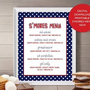 Instant Download, Printable July 4th S'mores Menu Sign, Independence Day, Family Fun, 4th of July Picnic, Cookout, Party Decor