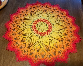 Doily, 24” Round, Pineapple Song, decoration, wall hanging, placemat, orange, red, yellow ombré centerpiece display