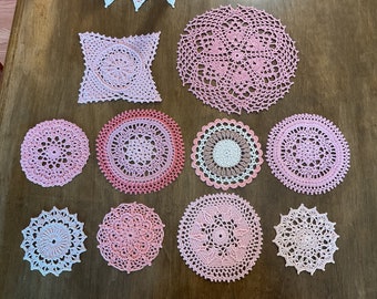 Small Doily Doilies Handmade  peaches, peach, beige, pink, cream, vintage look, boho, coasters, delicate