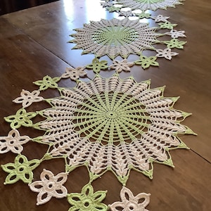 Doily Doilies 48” X 16” floral table runner, light green,  cream, decoration, placemat, vintage look, boho, centerpiece