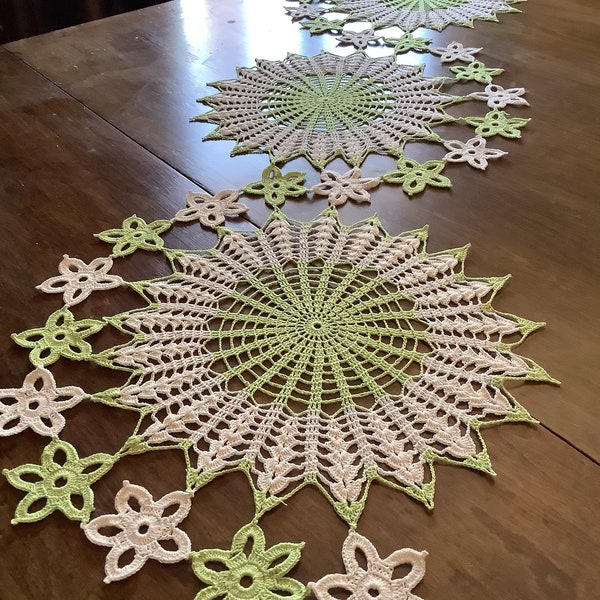 Doily Doilies 48” X 16” floral table runner, light green,  cream, decoration, placemat, vintage look, boho, centerpiece