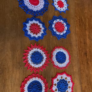 Doily Doilies 4.5” round, small, Handmade, red, white, blue, decoration, coaster, vintage look, boho, patriotic (set #18)