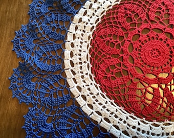 Red, White, blue Doily 22” round, Doilies Handmade, decoration, wall hanging