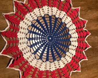 Doily Doilies 12.5” round Handmade, red, white, blue, decoration, wall hanging, placemat, napkin, vintage look, boho