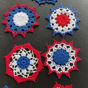 Doily Doilies 4.5” round, small, Handmade, red, white, blue, decoration, coaster, vintage look, boho, patriotic
